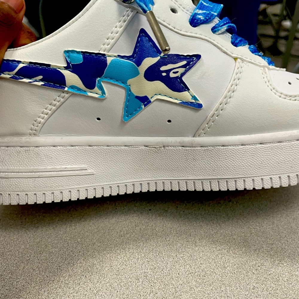 Bape Kids White and Blue Camouflage Star Sneakers